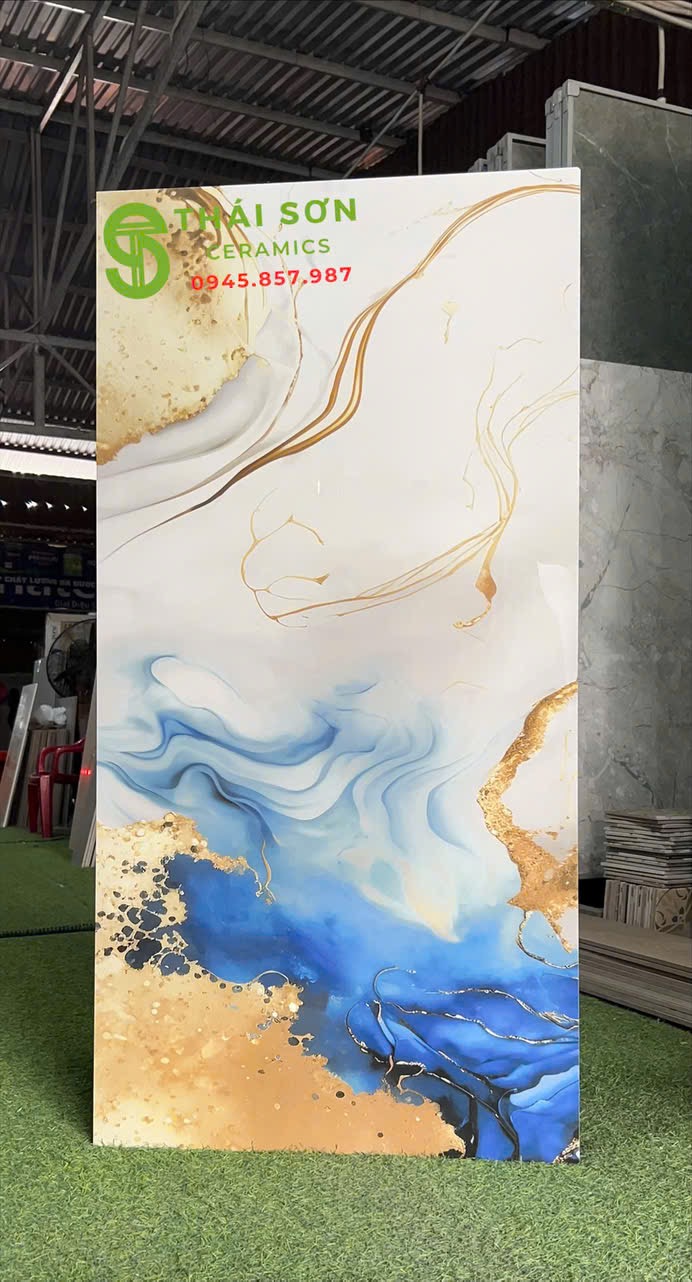 Gạch ấn độ 60x120 siêu bóng lát nền xanh vân trắng nhũ vàng