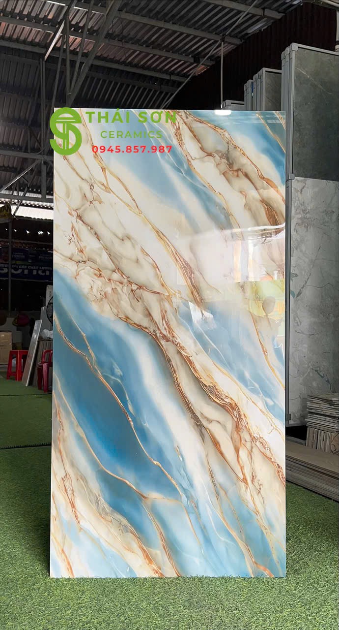 Gạch siêu bóng 60x120 lát nền cao cấp xanh vân đá