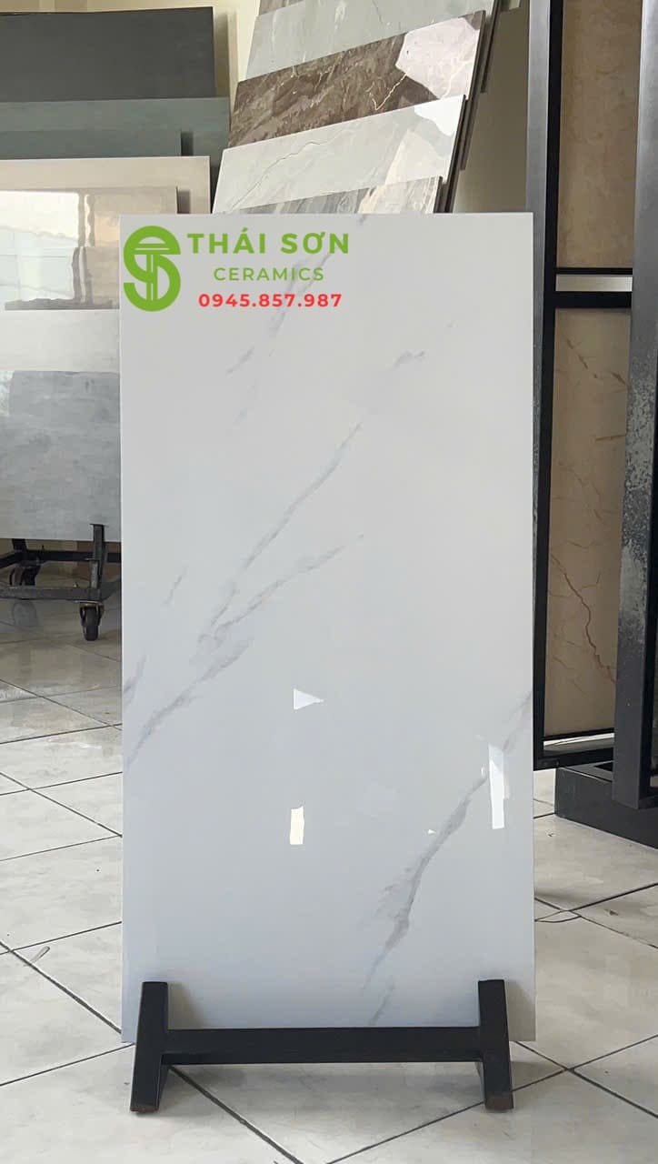 Gạch 40x80 trung quốc ốp tường bóng kiếng trắng vân xám khói
