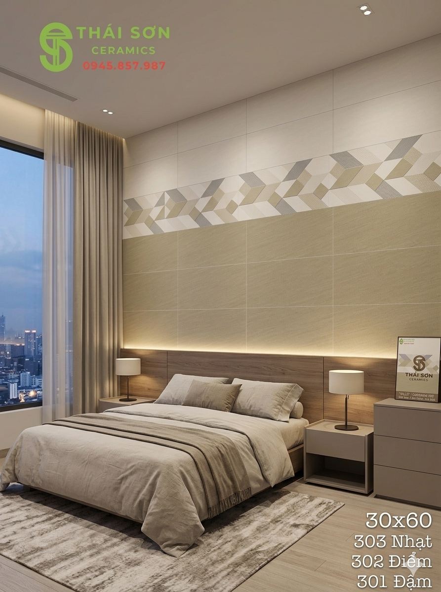 Phối cảnh gạch 30x60 cho phòng ngủ bộ matt mờ