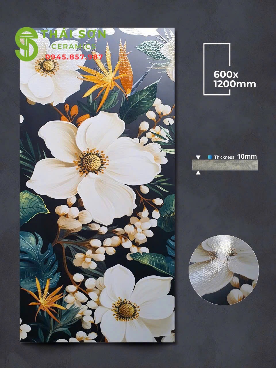 Gạch apodio cao cấp 60x120 hiệu ứng rải hạt hoạ tiết hoa trắng