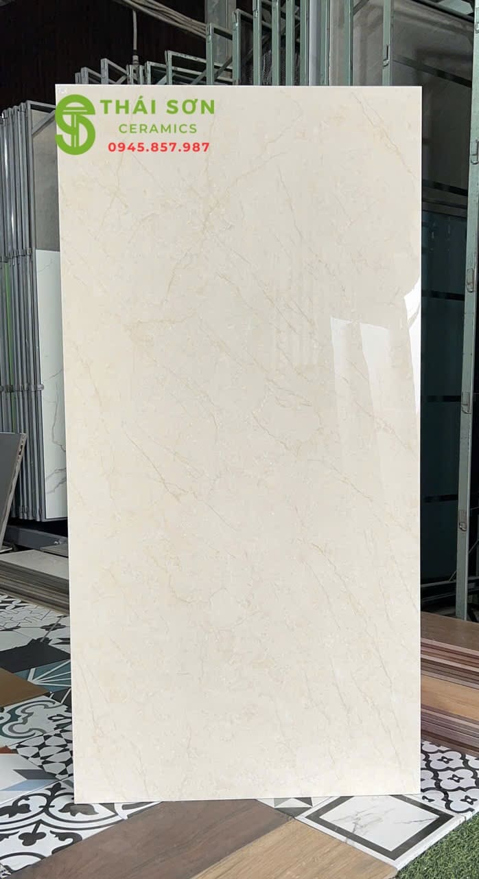 Gạch lát nền 60x120 ấn độ bóng kiếng màu kem vàng nhạt