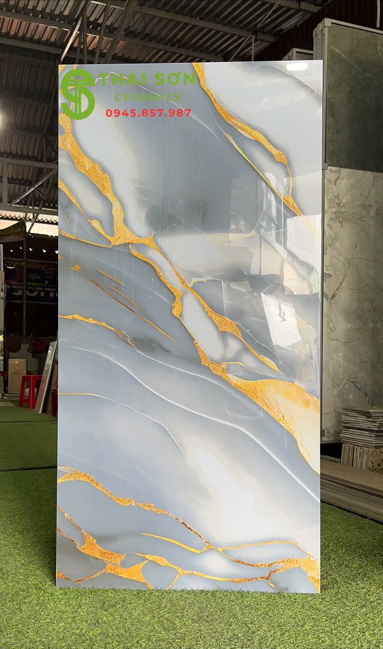 Gạch ấn độ 60x120 siêu bóng màu xanh nhũ vàng