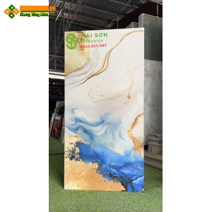 Gạch ấn độ 60x120 siêu bóng lát nền xanh vân trắng nhũ vàng