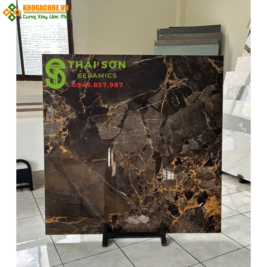Gạch trung quốc bóng kiếng 100x100 màu nâu vân vàng đồng