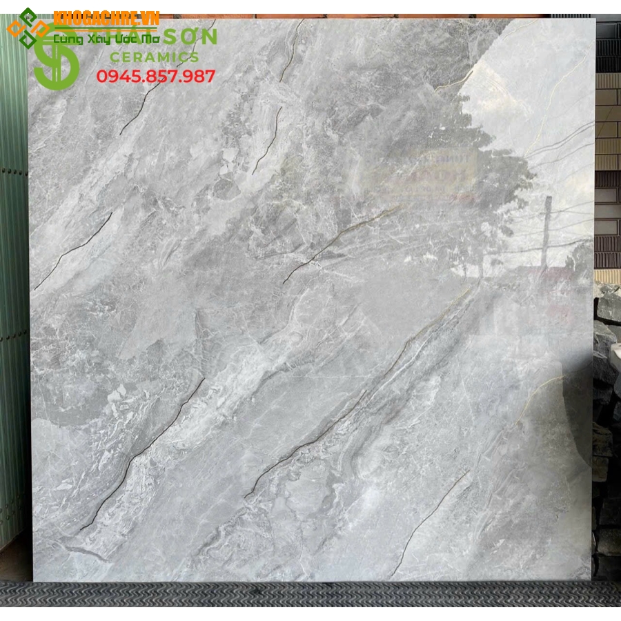 Gạch lát nền vân đá xám 100x100 khắc kim nhũ bạc 
