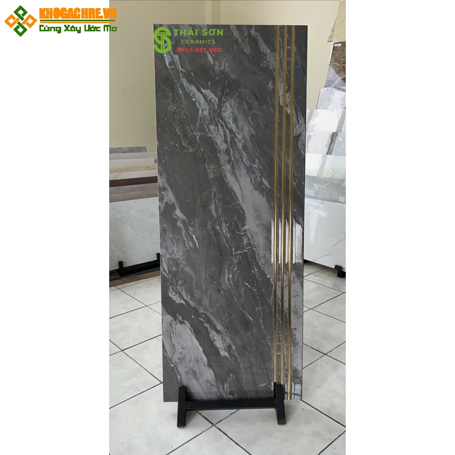 Gạch lát cầu thang 47x120 màu xám đậm nhũ vàng