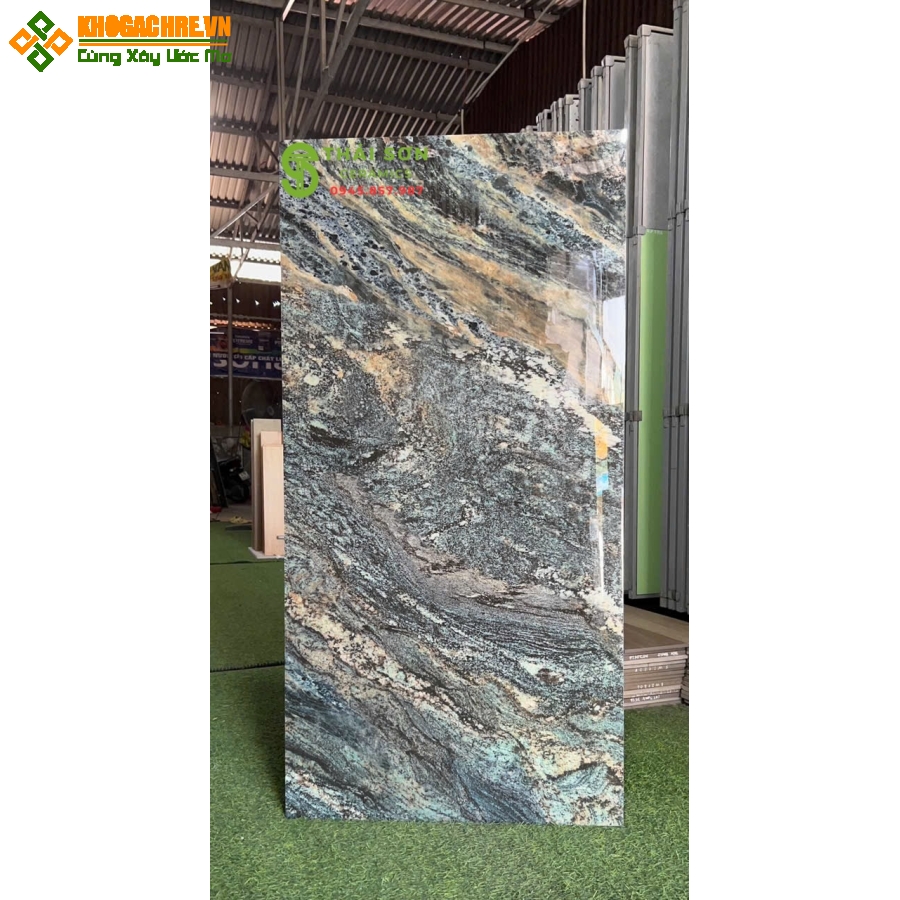 Gạch lát nền 60x120 catalan bóng kiếng màu xanh vân đá