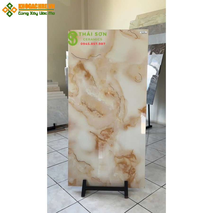 Gạch lát nền 60x120 trung quốc bóng kiếng khắc kim màu vàng kem ngọc trai