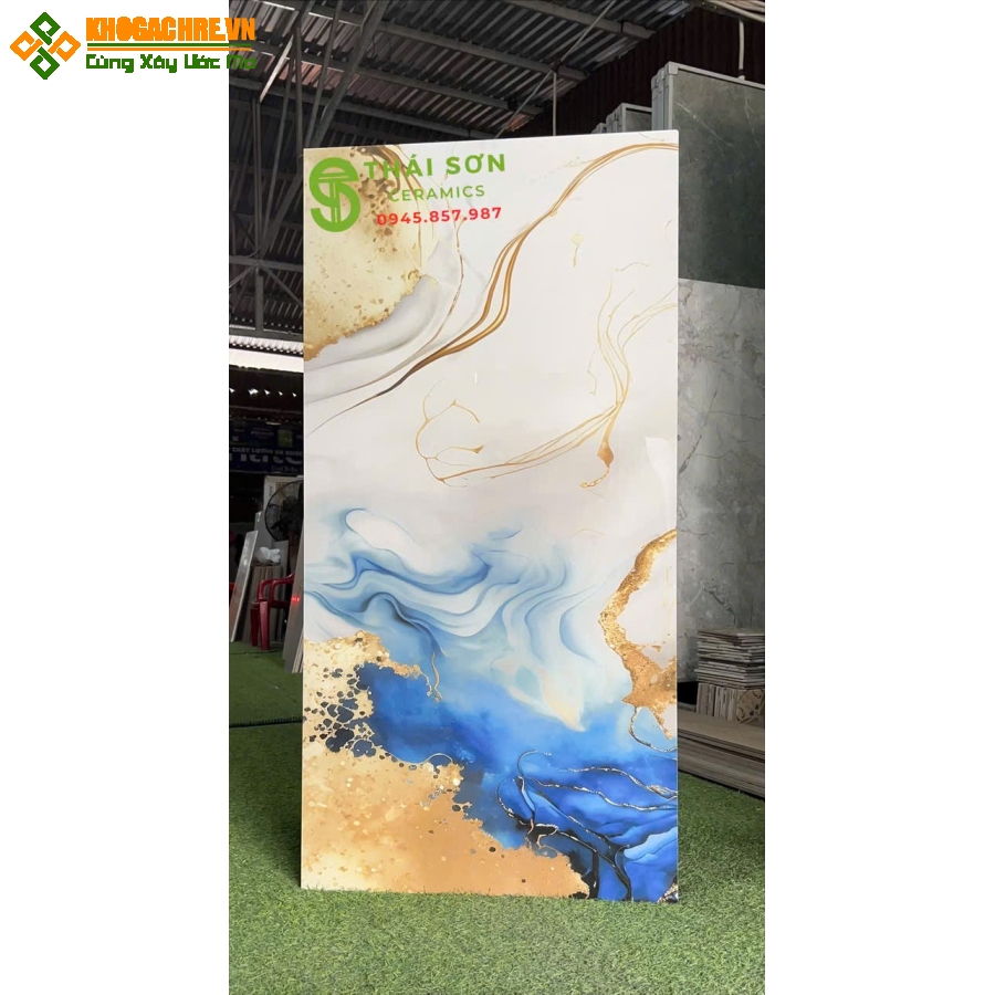 Gạch ấn độ 60x120 siêu bóng lát nền xanh vân trắng nhũ vàng