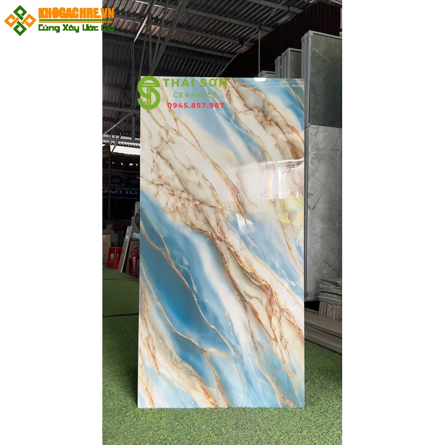 Gạch siêu bóng 60x120 lát nền cao cấp xanh vân đá