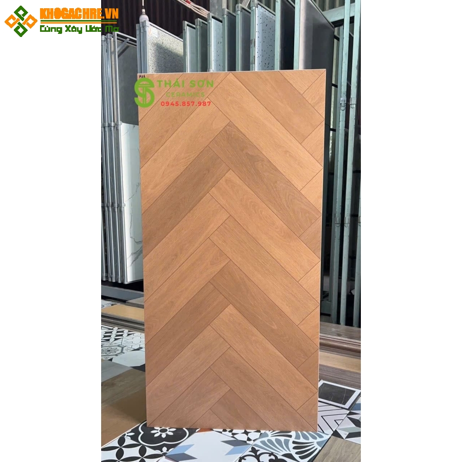 Gạch vân gỗ xương cá 60x120 trung quốc lát nền tông màu nâu vàng ấm