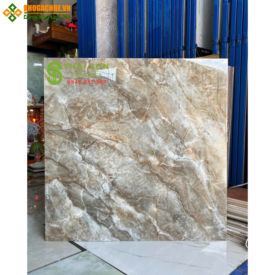 Gạch trung quốc 80x80 lát nền khắc kim màu nâu đất