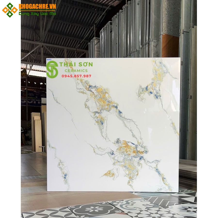 Gạch 80x80 bóng kiếng hà thanh lát nền màu trắng kem vân đá cẩm thạch