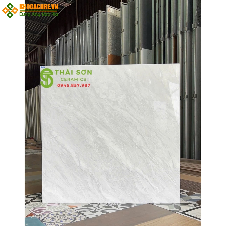 Gạch 80x80 bóng kiếng hà thanh lát nền trắng xám vân xéo