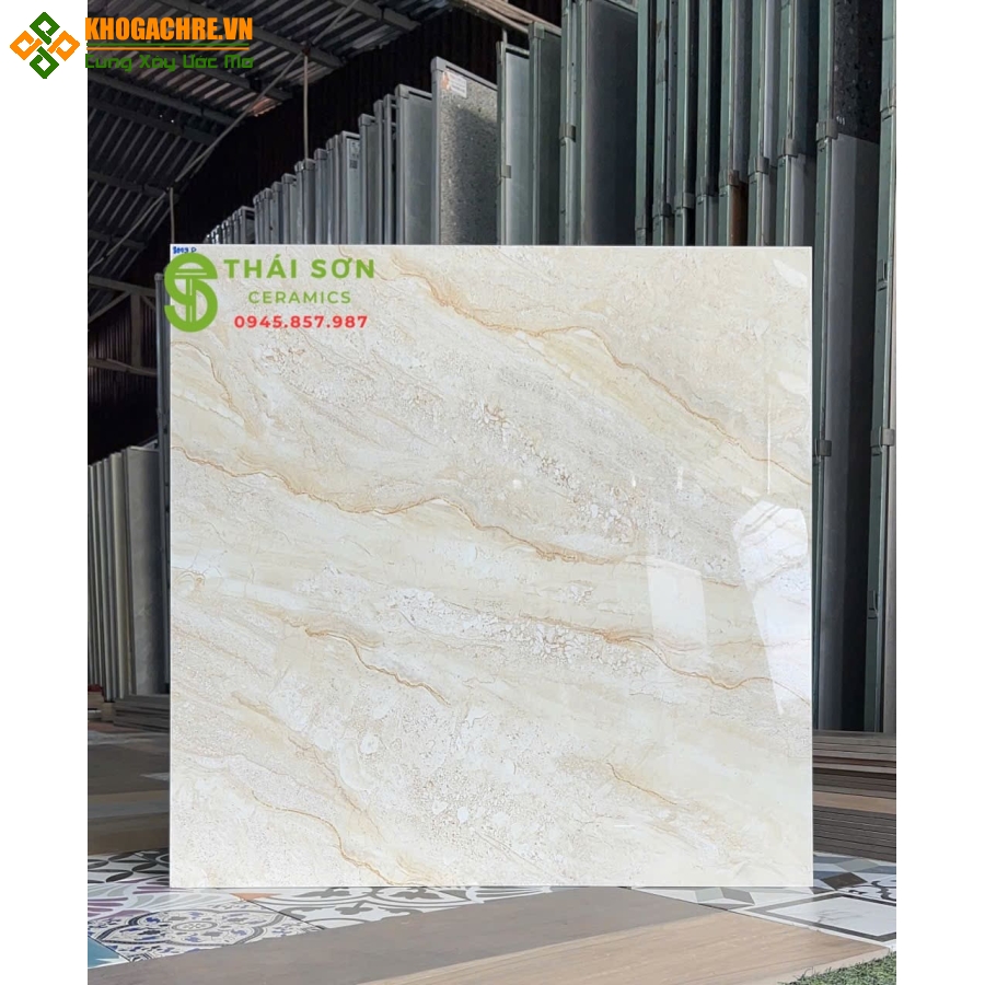 Gạch 80x80 bóng kiếng hà thanh ốp lát vàng kem vân đá travertine