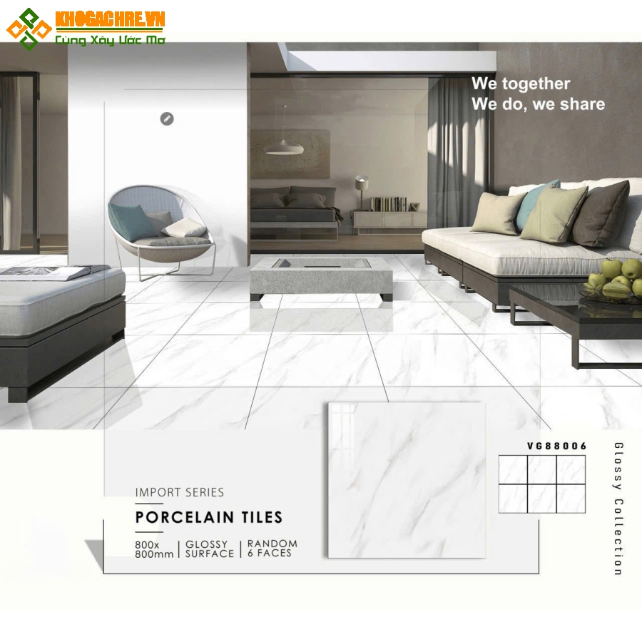 Gạch ấn độ 80x80 lát nền bóng kiếng màu trắng vân mây