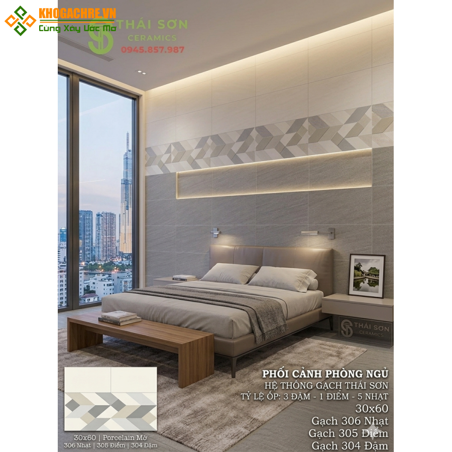 Gạch ốp tường phòng ngủ matt mờ 30x60 màu xám 